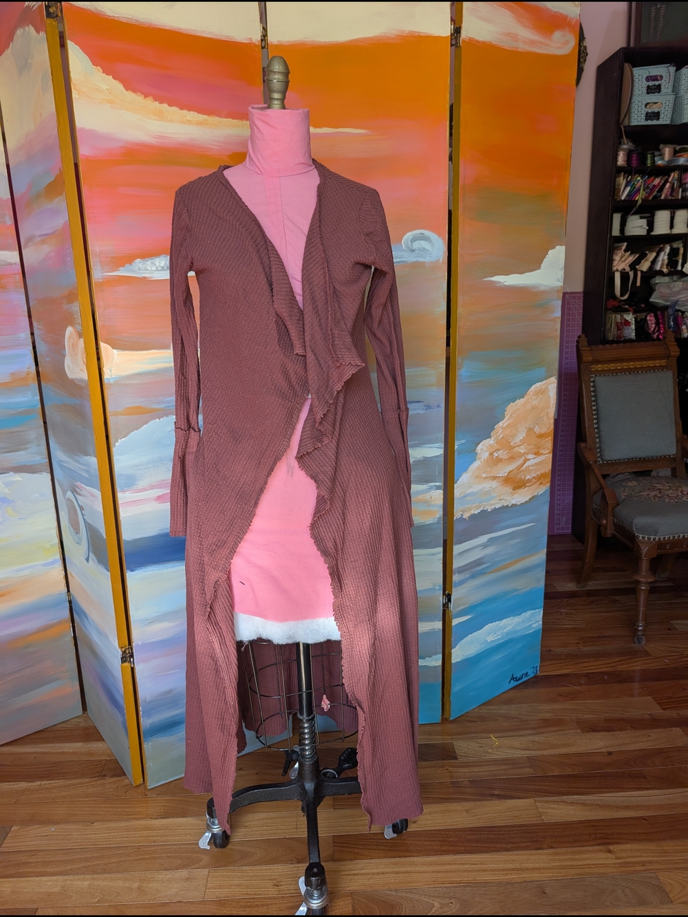 Long Ribbed Open Cardigan in Mauve